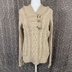 Vintage Y2K Old Navy Cable Knit Hooded Sweater Toggle Buttons Boho Women's L